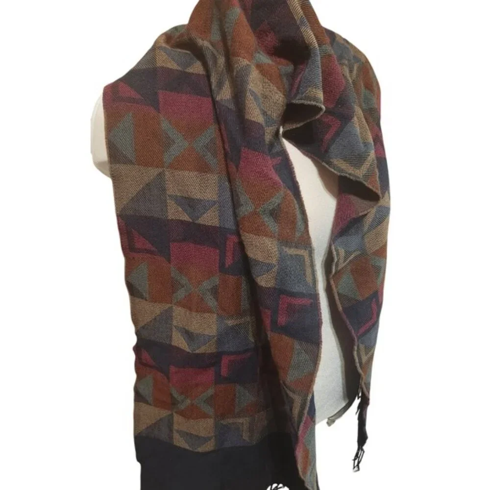 Harry Rosen Geometric Mosaic Scarf Burgundy Navy Tan Wool Blend Fringe‎ Trim